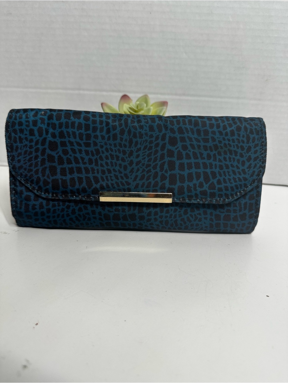 Blue Croc-Embossed Wallet with Gold Bar Accent